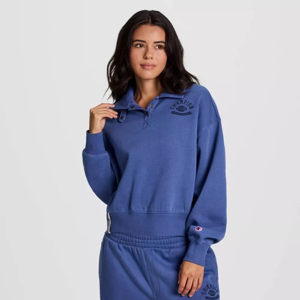 Women's Champion 1/4 Snap‎ Cropped Fleece Pullover Blue Size M New With Tags